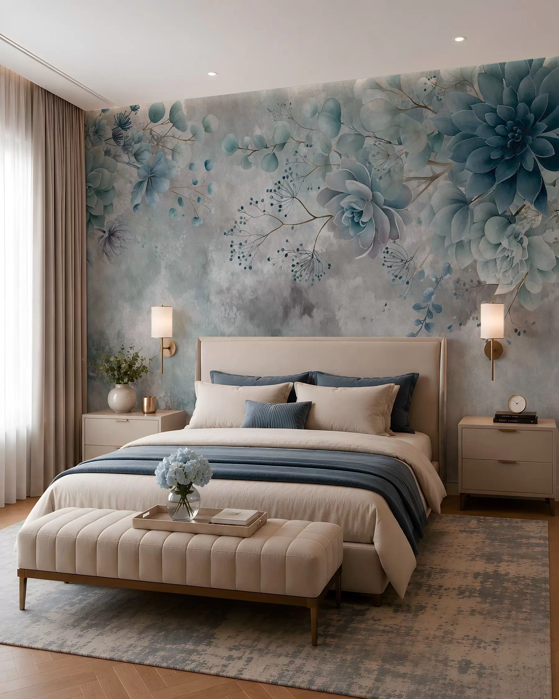 wall murals Фантазијско цвеће у ретро стилу на горњој слици, у нијансама беж и браон боје w05753