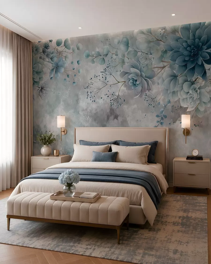 wall murals Фантазијско цвеће у ретро стилу на горњој слици, у нијансама беж и браон боје w05753