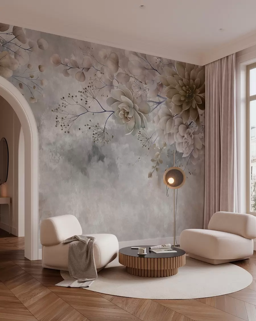 wall murals Фантазијско цвеће у ретро стилу на горњој слици, у нијансама беж и браон боје w05753