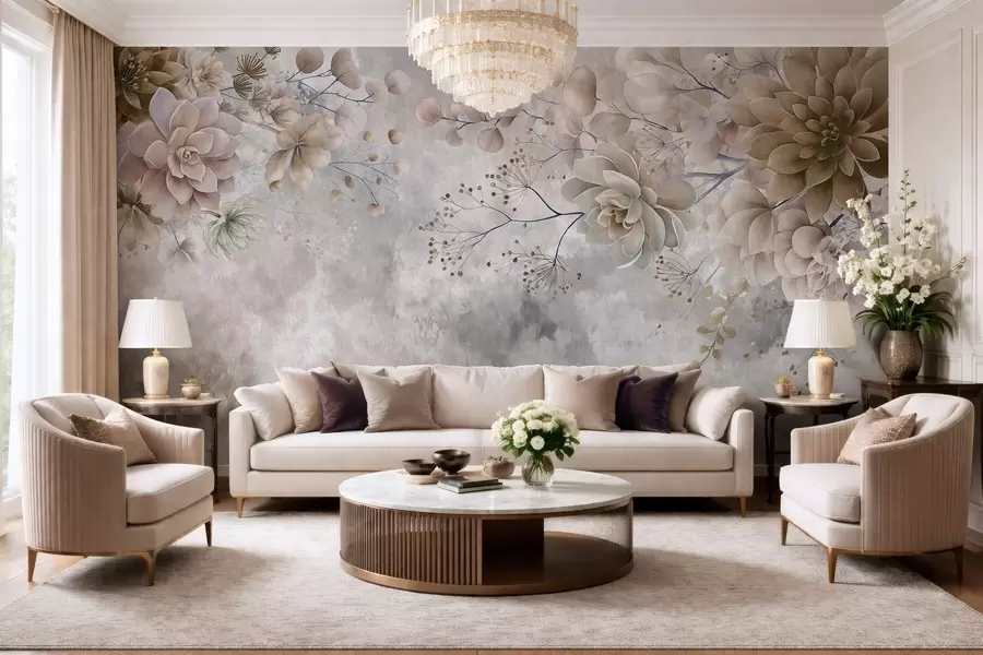 wall murals Фантазијско цвеће у ретро стилу на горњој слици, у нијансама беж и браон боје w05753