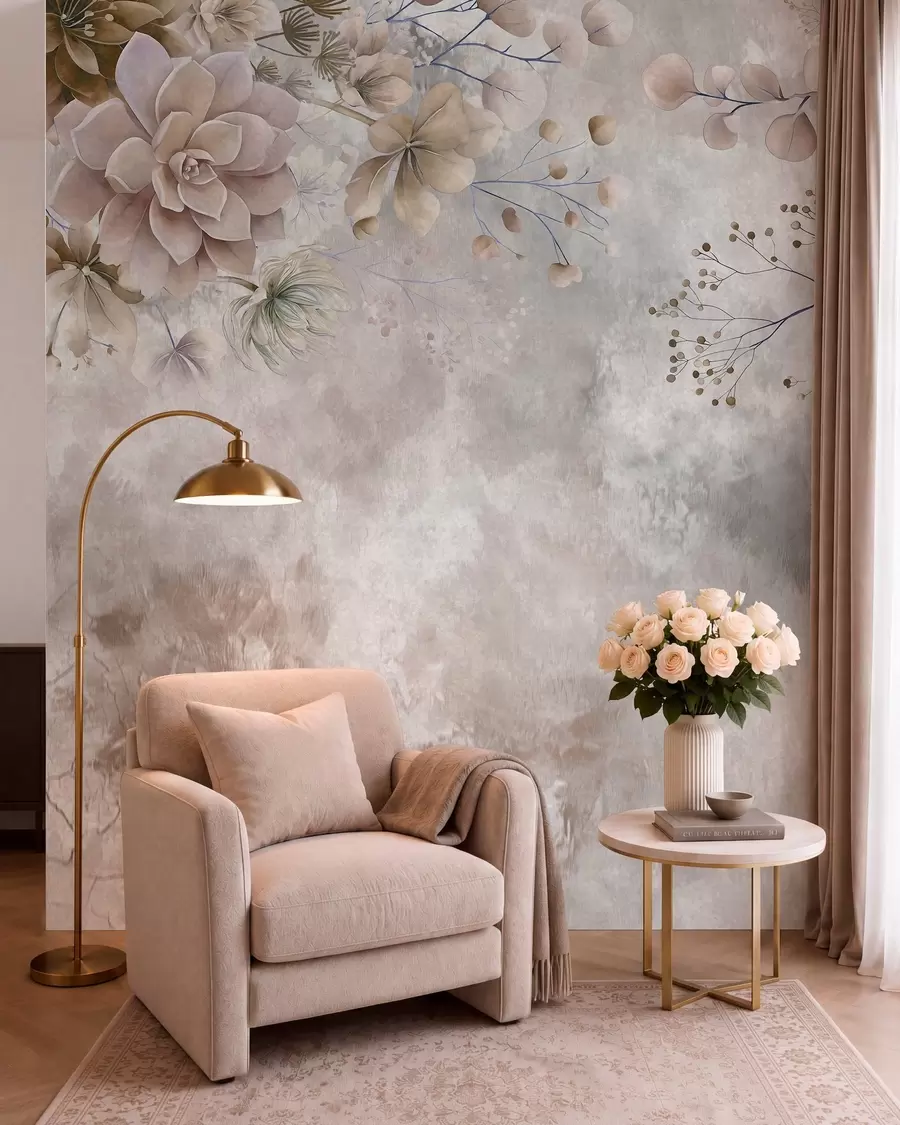 wall murals Фантазијско цвеће у ретро стилу на горњој слици, у нијансама беж и браон боје w05753