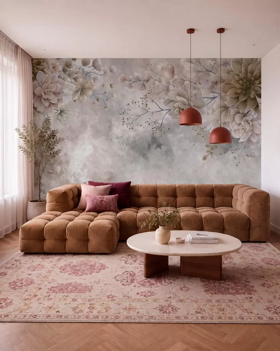 wall murals Фантазијско цвеће у ретро стилу на горњој слици, у нијансама беж и браон боје w05753