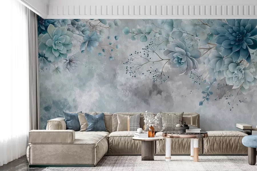 wall murals Поглед одозго надоле на фантазијско цвеће у ретро стилу, у нијансама плаве и тиркизне w05753v1
