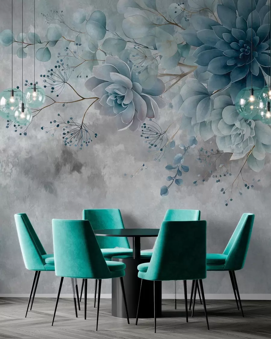wall murals Поглед одозго надоле на фантазијско цвеће у ретро стилу, у нијансама плаве и тиркизне w05753v1