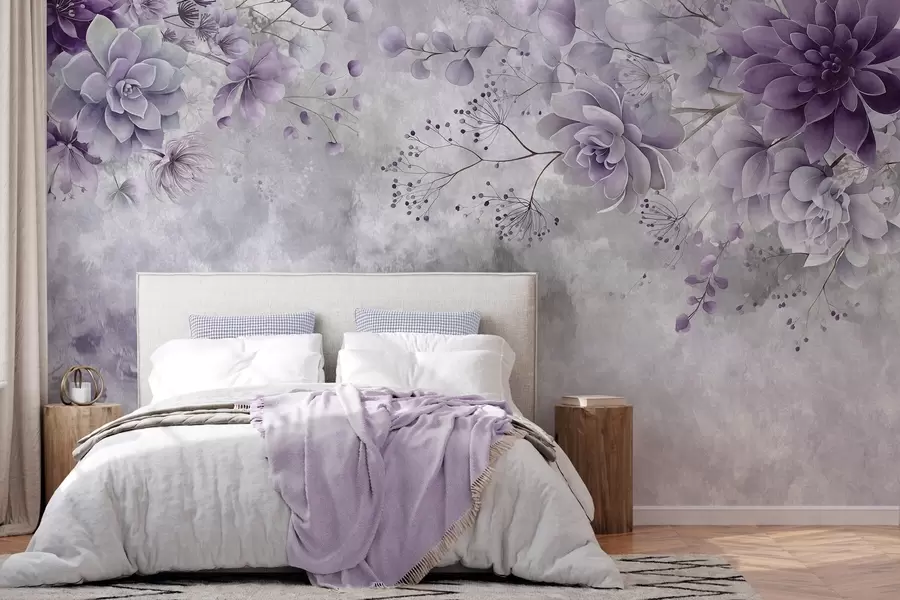 wall murals Поглед одозго надоле на фантазијско цвеће у ретро стилу, у нијансама љубичасте w05753v2