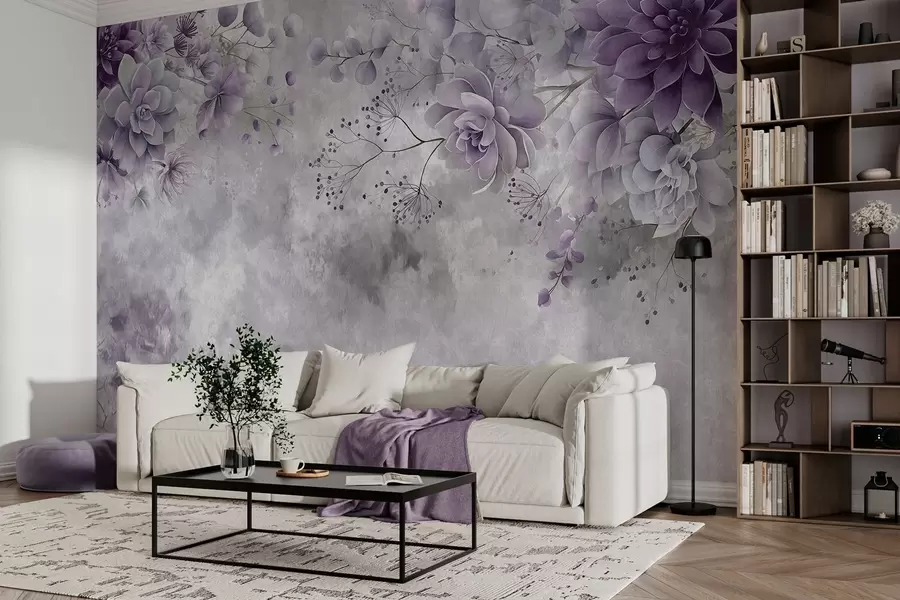 wall murals Поглед одозго надоле на фантазијско цвеће у ретро стилу, у нијансама љубичасте w05753v2