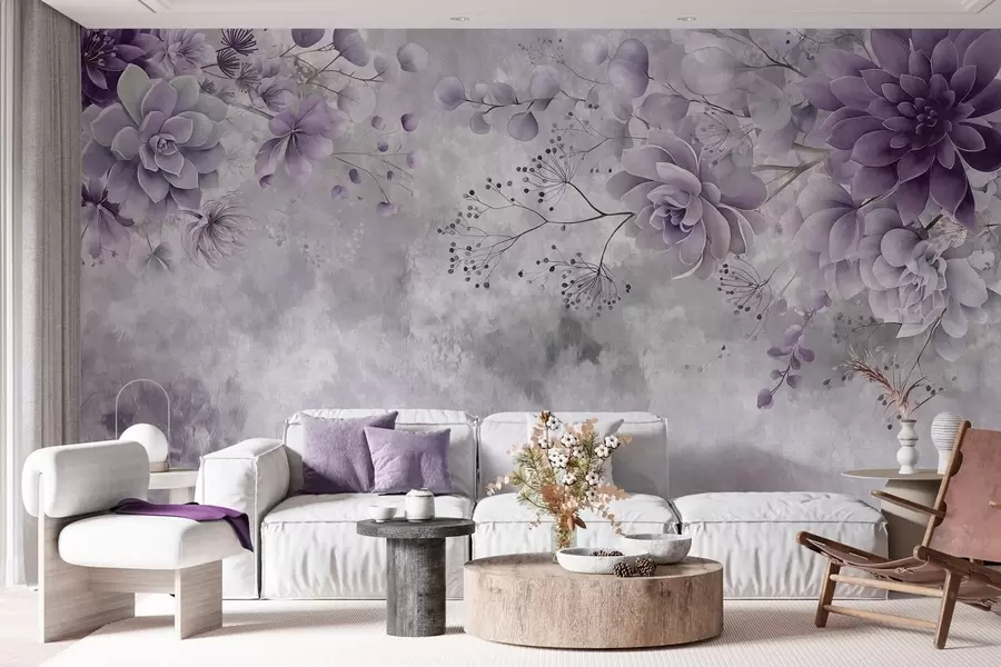 wall murals Поглед одозго надоле на фантазијско цвеће у ретро стилу, у нијансама љубичасте w05753v2