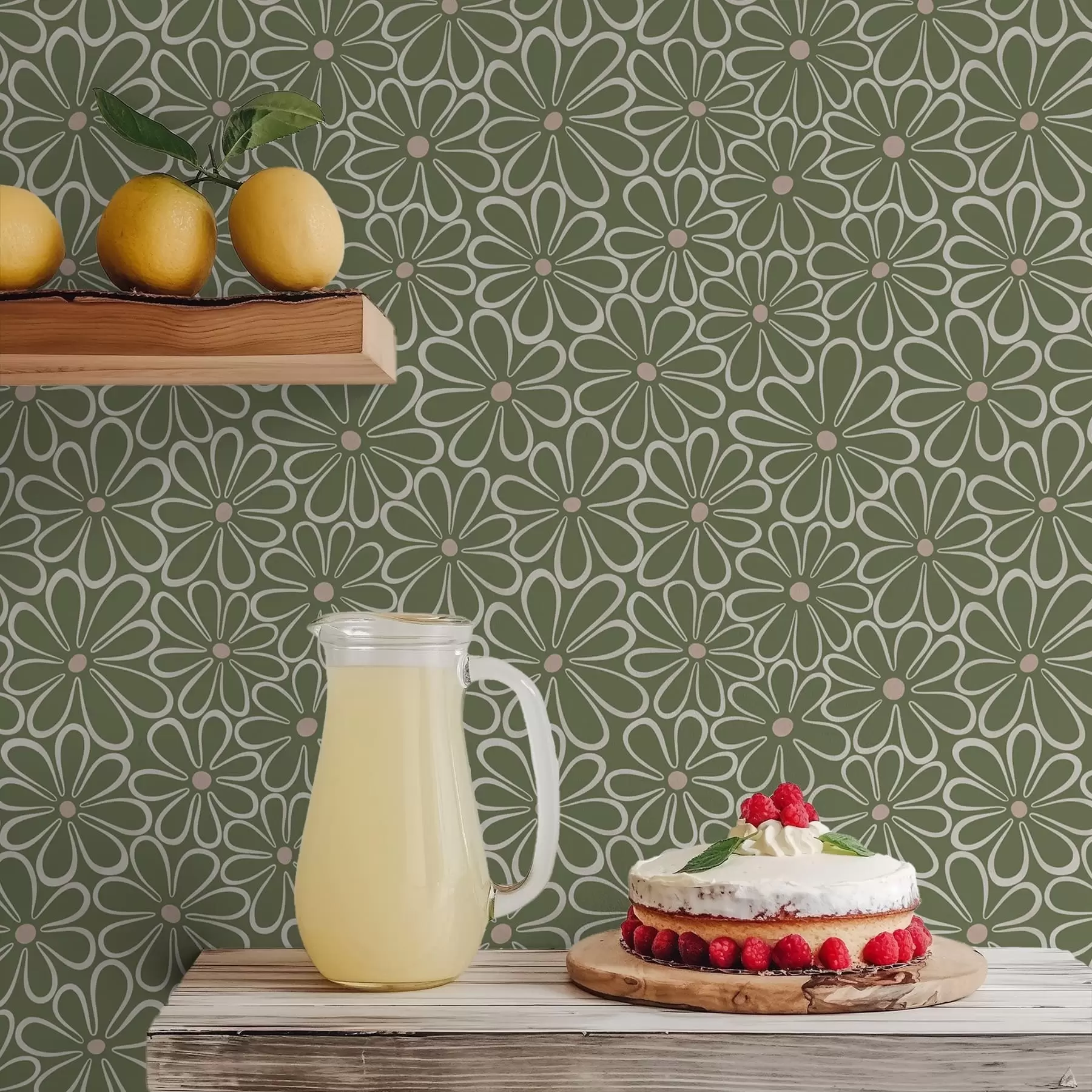 wall murals Велико оцртано цвеће на зеленој позадини a01234