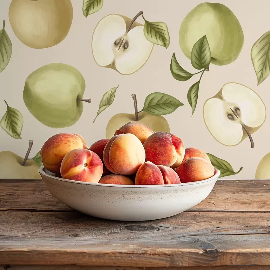 wall murals Зелене јабуке и лишће на топлој светлој позадини a01236v1
