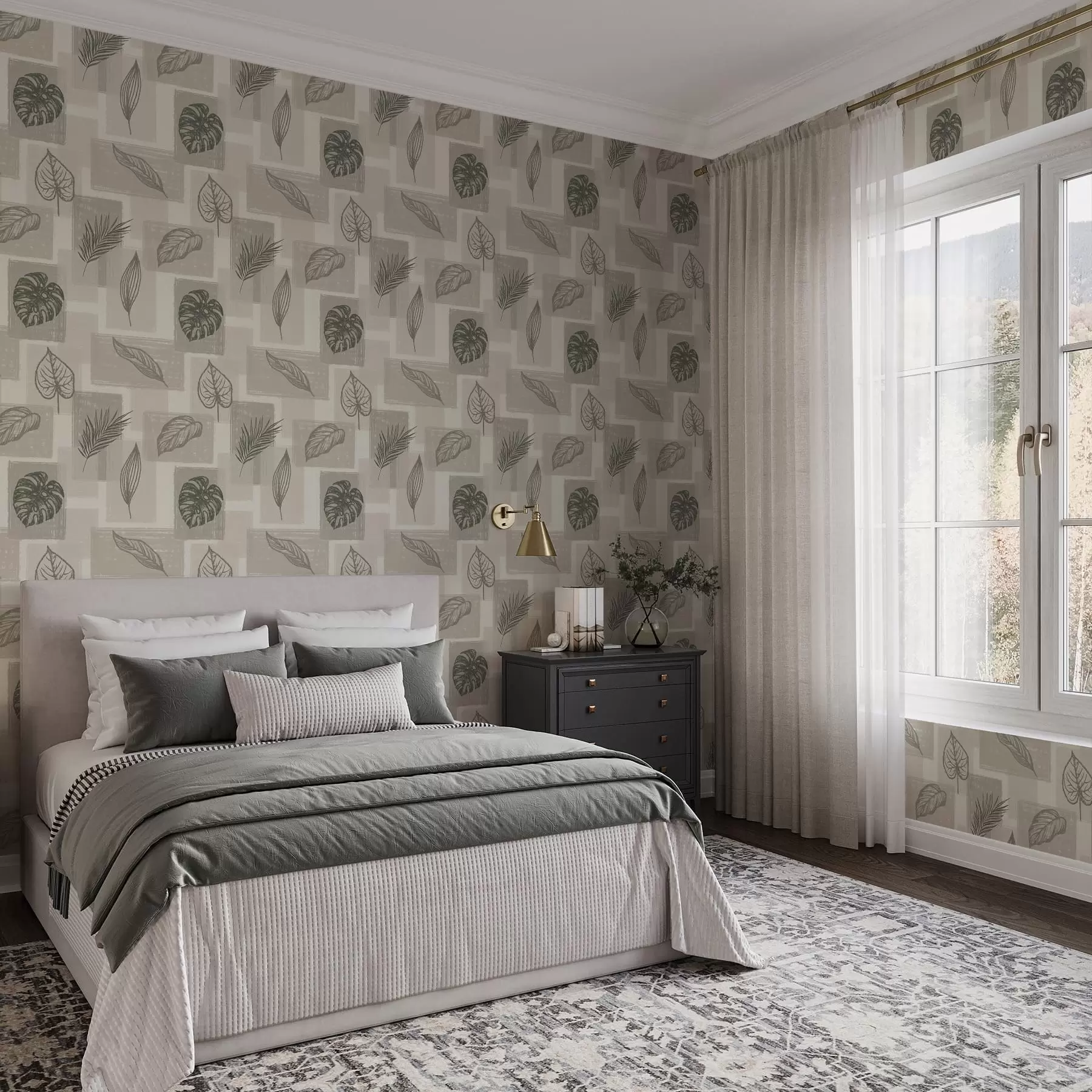wall murals Обриси тропског лишћа са геометријским блоковима a01239