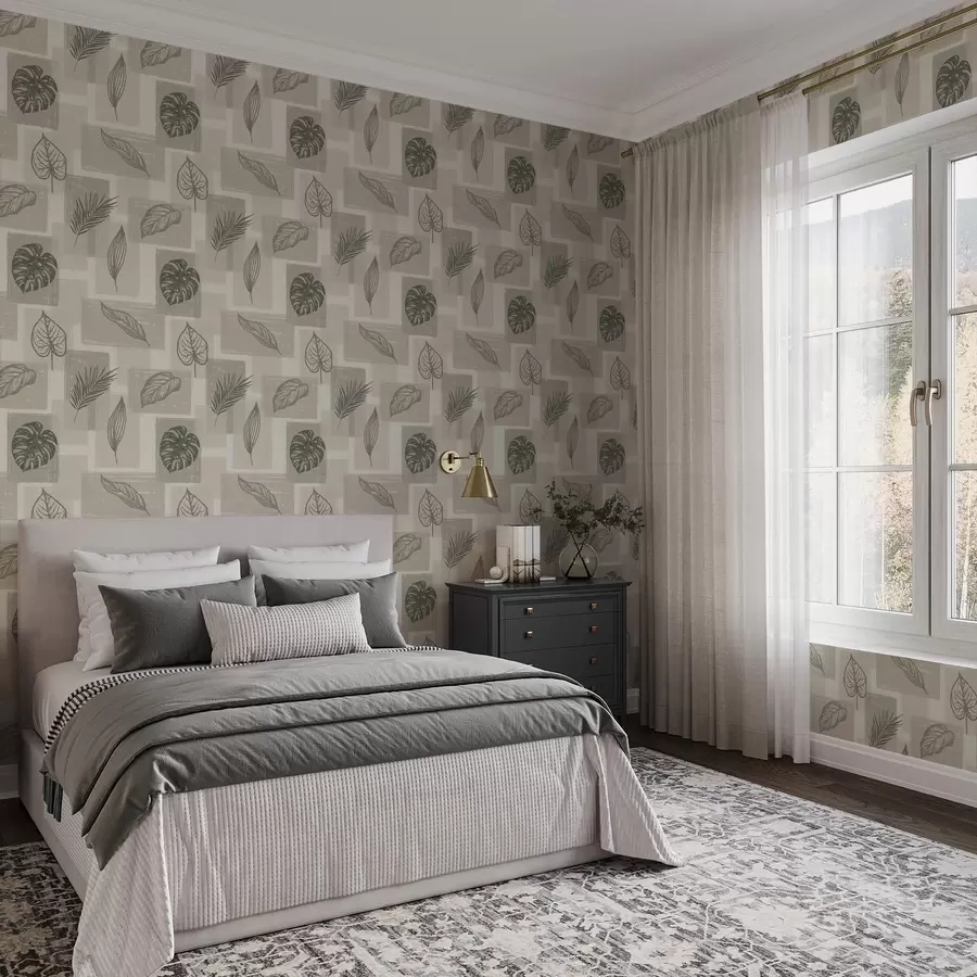 wall murals Обриси тропског лишћа са геометријским блоковима a01239