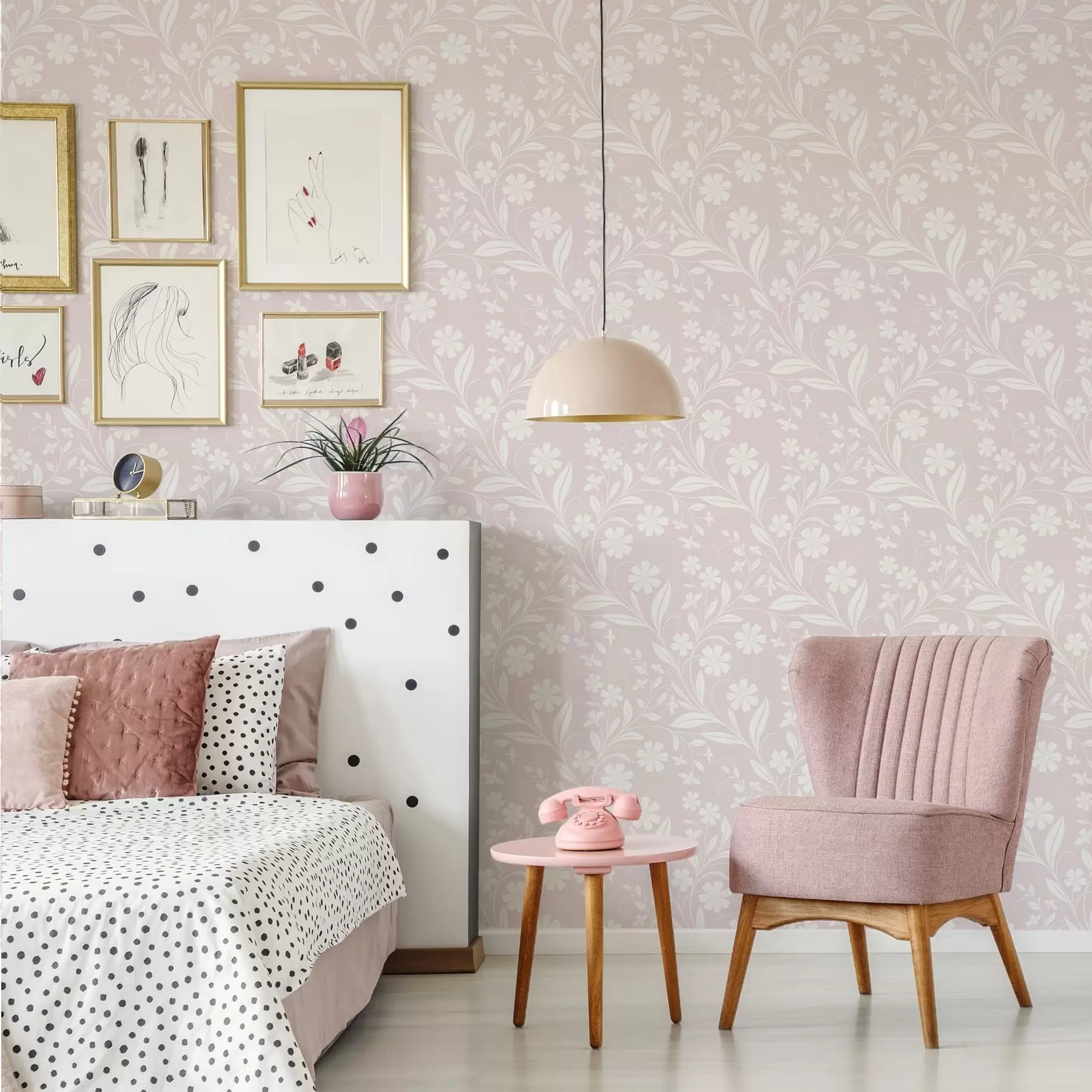 wall murals Бело цвеће и винова лоза на нежно ружичастој позадини a01242v1