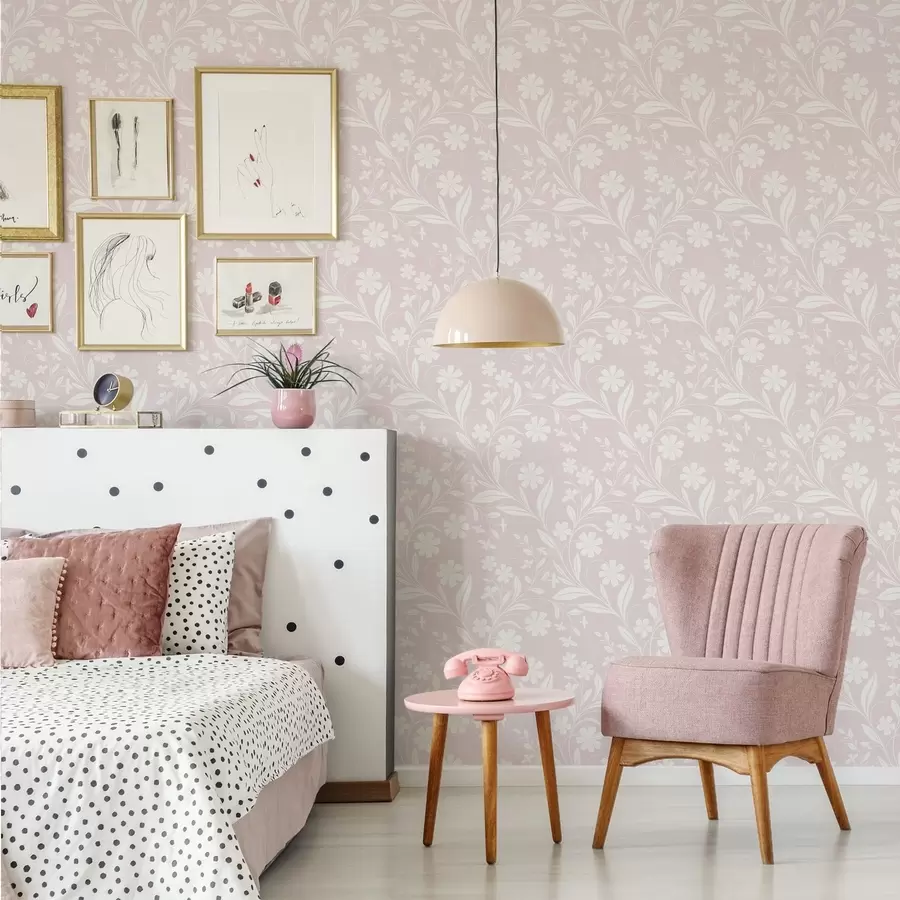 wall murals Бело цвеће и винова лоза на нежно ружичастој позадини a01242v1
