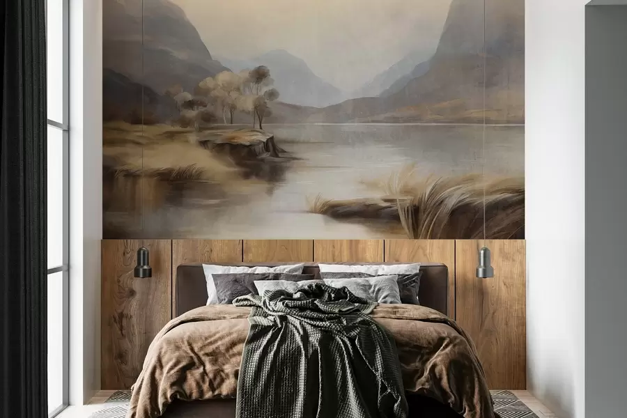 wall murals Текстурирани пригушени пејзаж, језеро са планинама, висока трава w09978
