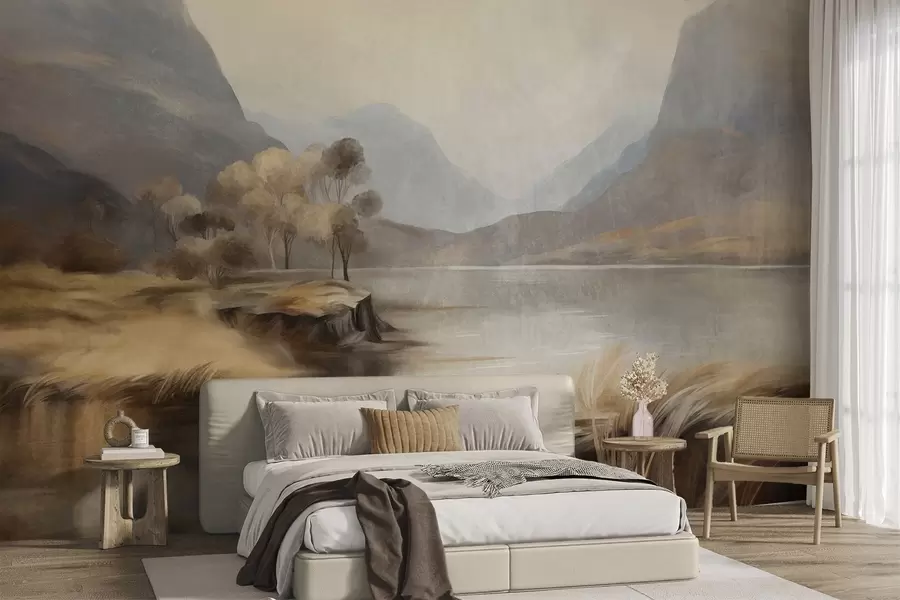 wall murals Текстурирани пригушени пејзаж, језеро са планинама, висока трава w09978
