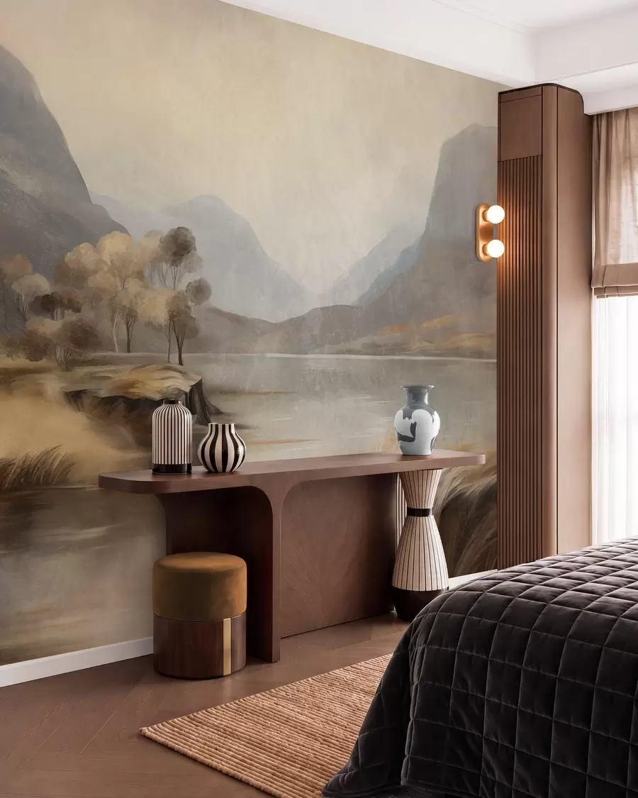 wall murals Текстурирани пригушени пејзаж, језеро са планинама, висока трава w09978