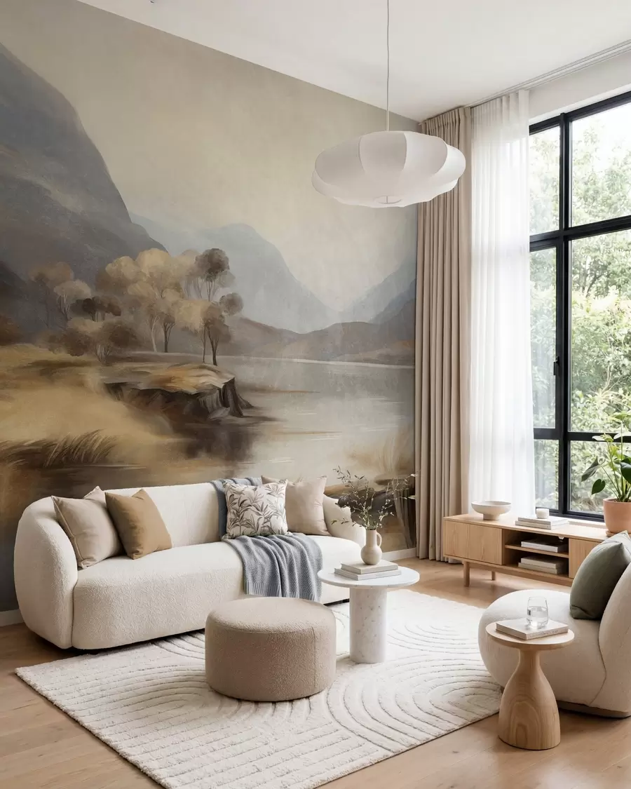 wall murals Текстурирани пригушени пејзаж, језеро са планинама, висока трава w09978