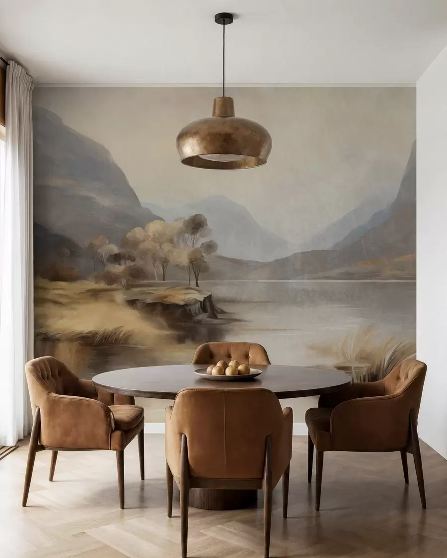 wall murals Текстурирани пригушени пејзаж, језеро са планинама, висока трава w09978