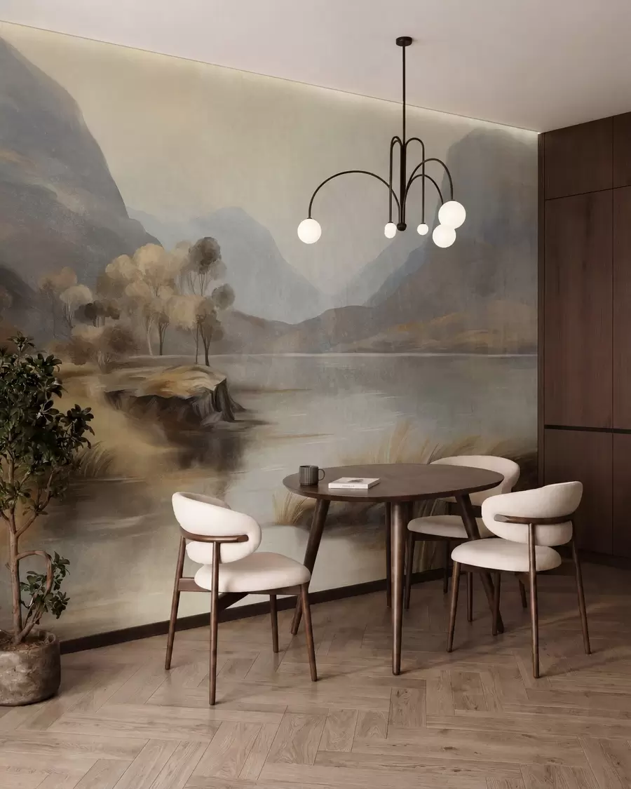 wall murals Текстурирани пригушени пејзаж, језеро са планинама, висока трава w09978