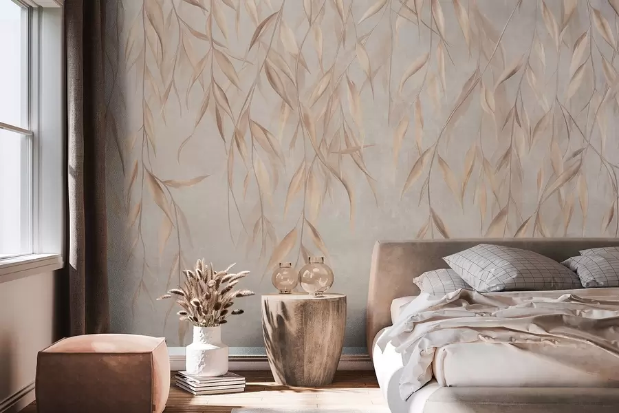 wall murals Нежни, дуги, светло смеђи листови висе са грана на текстурираној позадини w09980