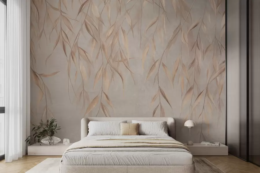 wall murals Нежни, дуги, светло смеђи листови висе са грана на текстурираној позадини w09980