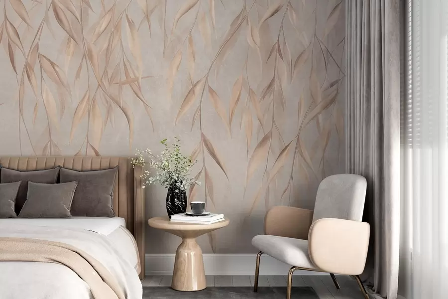 wall murals Нежни, дуги, светло смеђи листови висе са грана на текстурираној позадини w09980