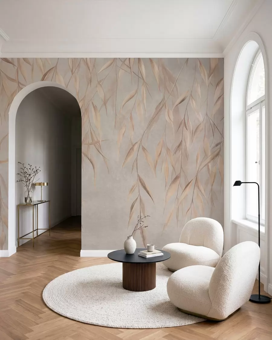 wall murals Нежни, дуги, светло смеђи листови висе са грана на текстурираној позадини w09980