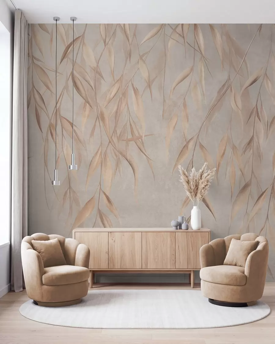 wall murals Нежни, дуги, светло смеђи листови висе са грана на текстурираној позадини w09980