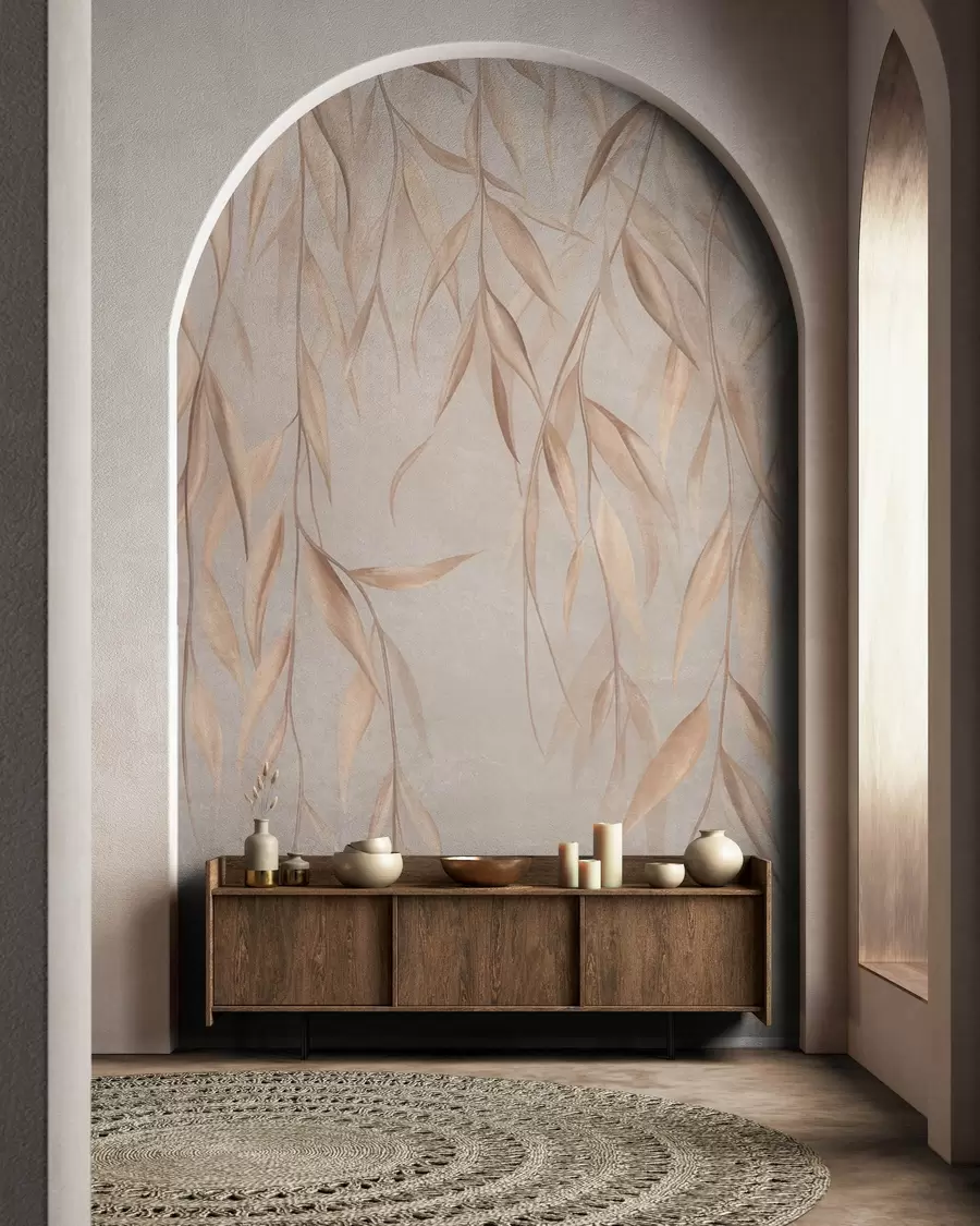 wall murals Нежни, дуги, светло смеђи листови висе са грана на текстурираној позадини w09980