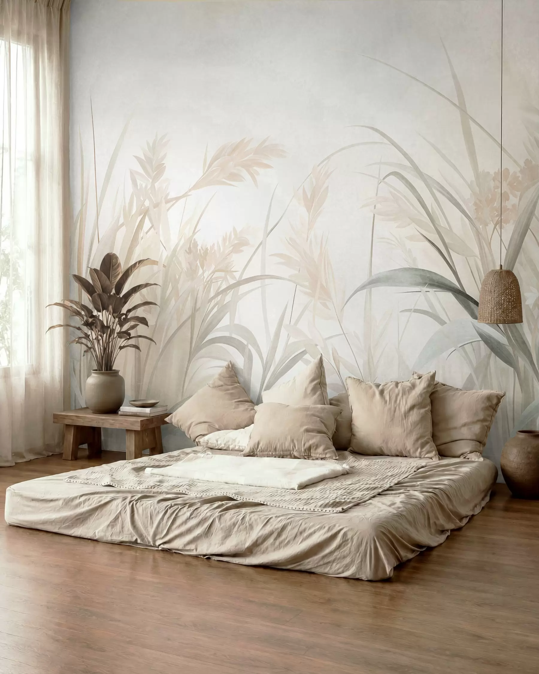wall murals Висока, танка трава и трска у меким, пригушеним тоновима беж, крем и зелене, текстуриране w09981