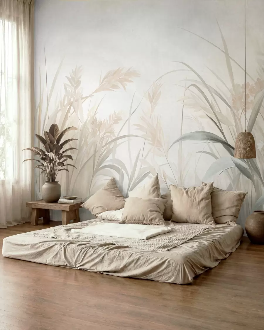 wall murals Висока, танка трава и трска у меким, пригушеним тоновима беж, крем и зелене, текстуриране w09981