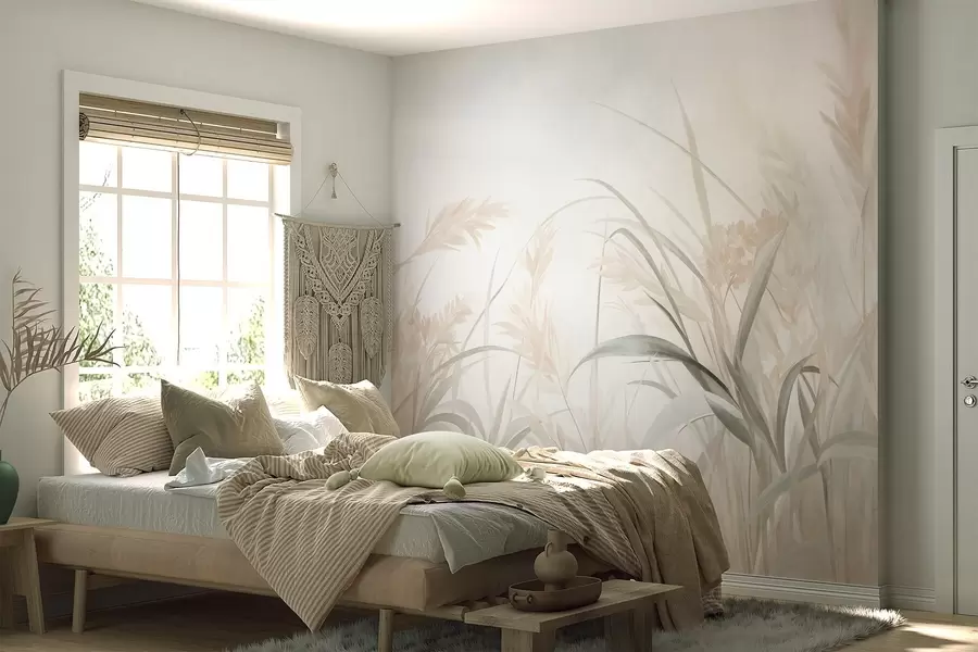 wall murals Висока, танка трава и трска у меким, пригушеним тоновима беж, крем и зелене, текстуриране w09981
