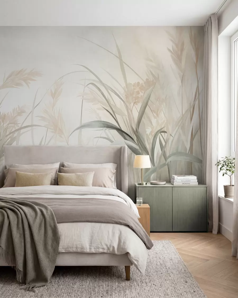 wall murals Висока, танка трава и трска у меким, пригушеним тоновима беж, крем и зелене, текстуриране w09981