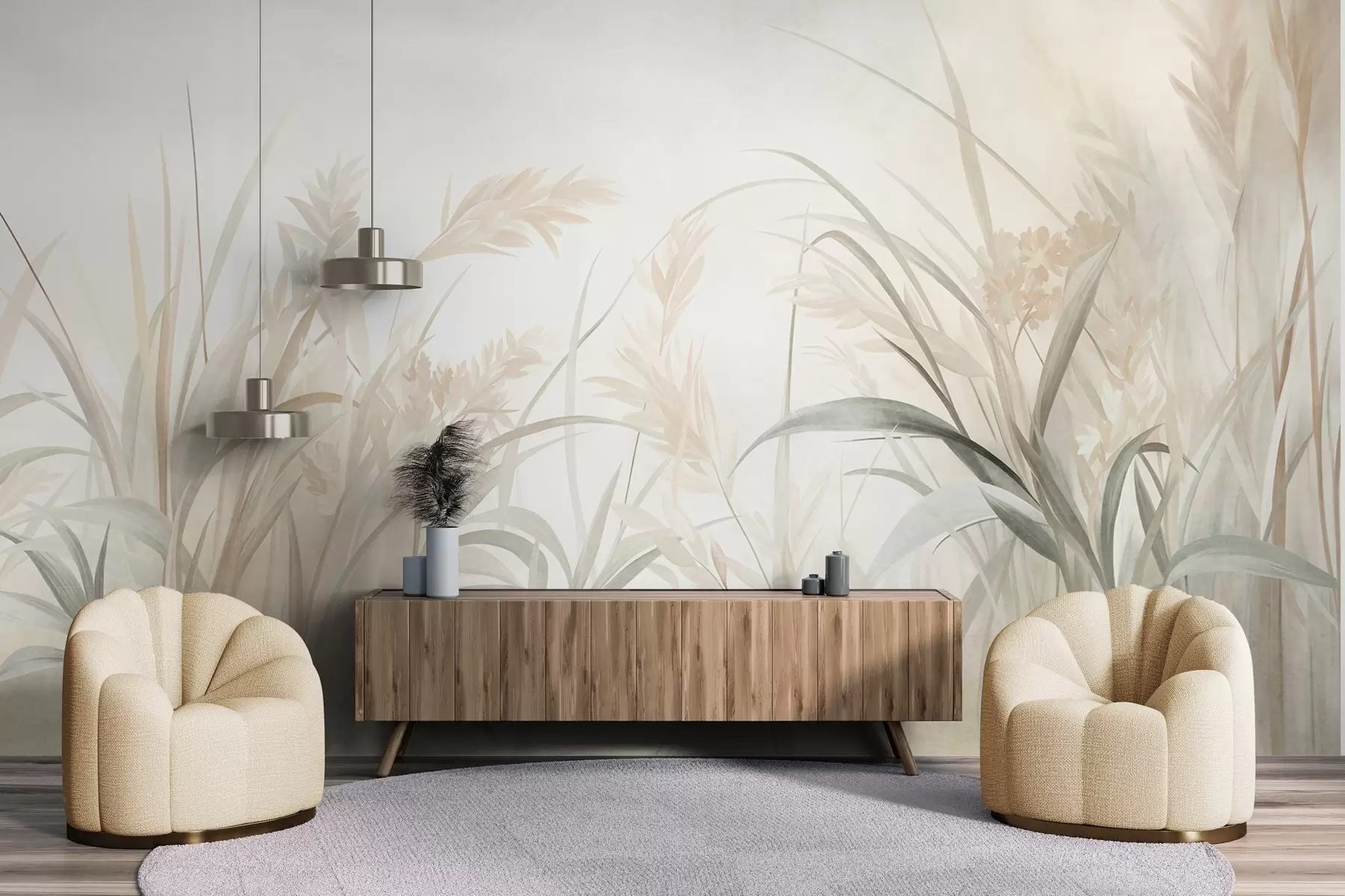 wall murals Висока, танка трава и трска у меким, пригушеним тоновима беж, крем и зелене, текстуриране w09981