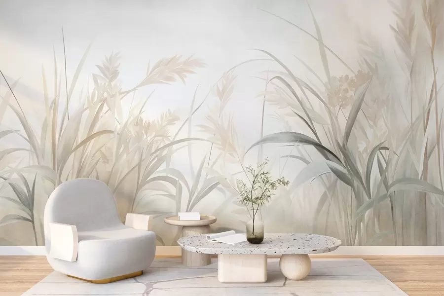 wall murals Висока, танка трава и трска у меким, пригушеним тоновима беж, крем и зелене, текстуриране w09981