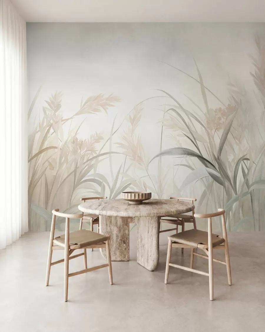 wall murals Висока, танка трава и трска у меким, пригушеним тоновима беж, крем и зелене, текстуриране w09981