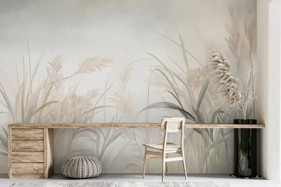 wall murals Висока, танка трава и трска у меким, пригушеним тоновима беж, крем и зелене, текстуриране w09981