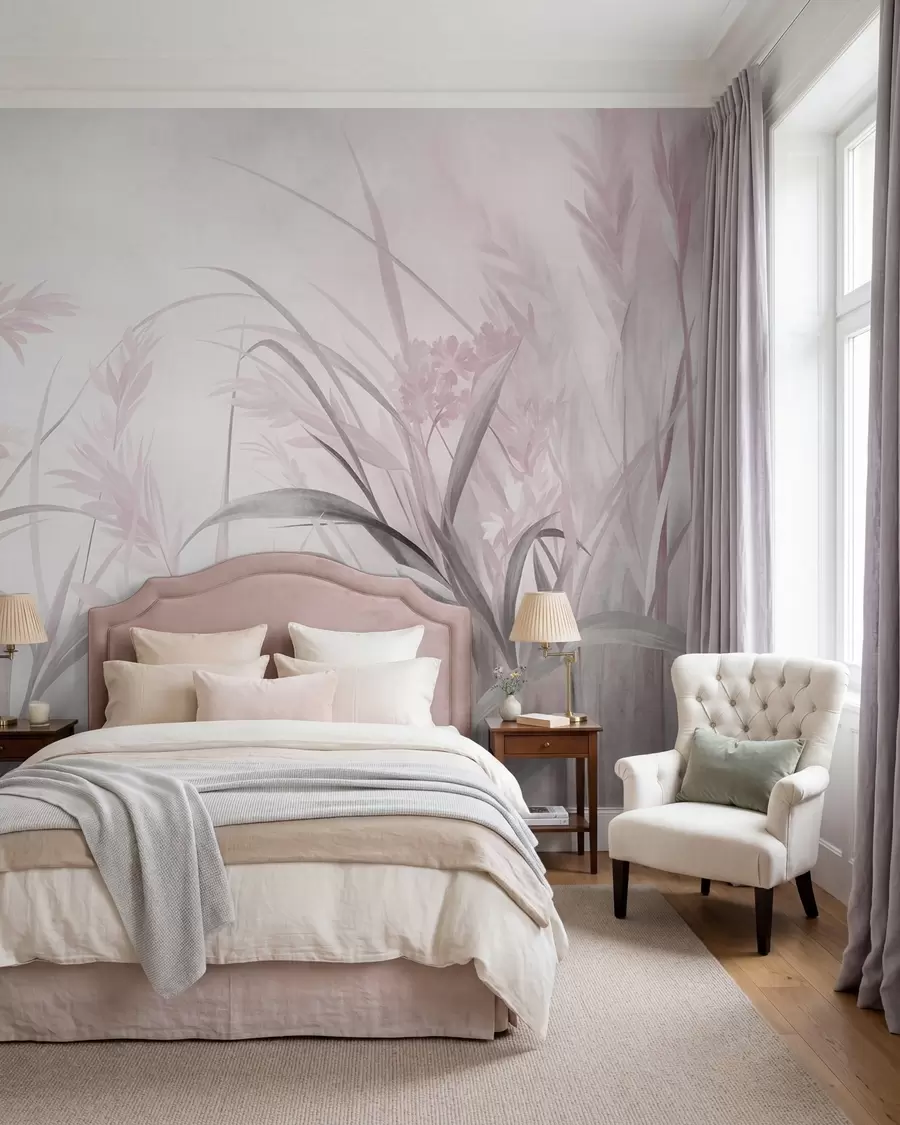 wall murals Висока, танка трава и трска у меким, пригушеним тоновима ружичасте и сиве, текстуриране w09981v1