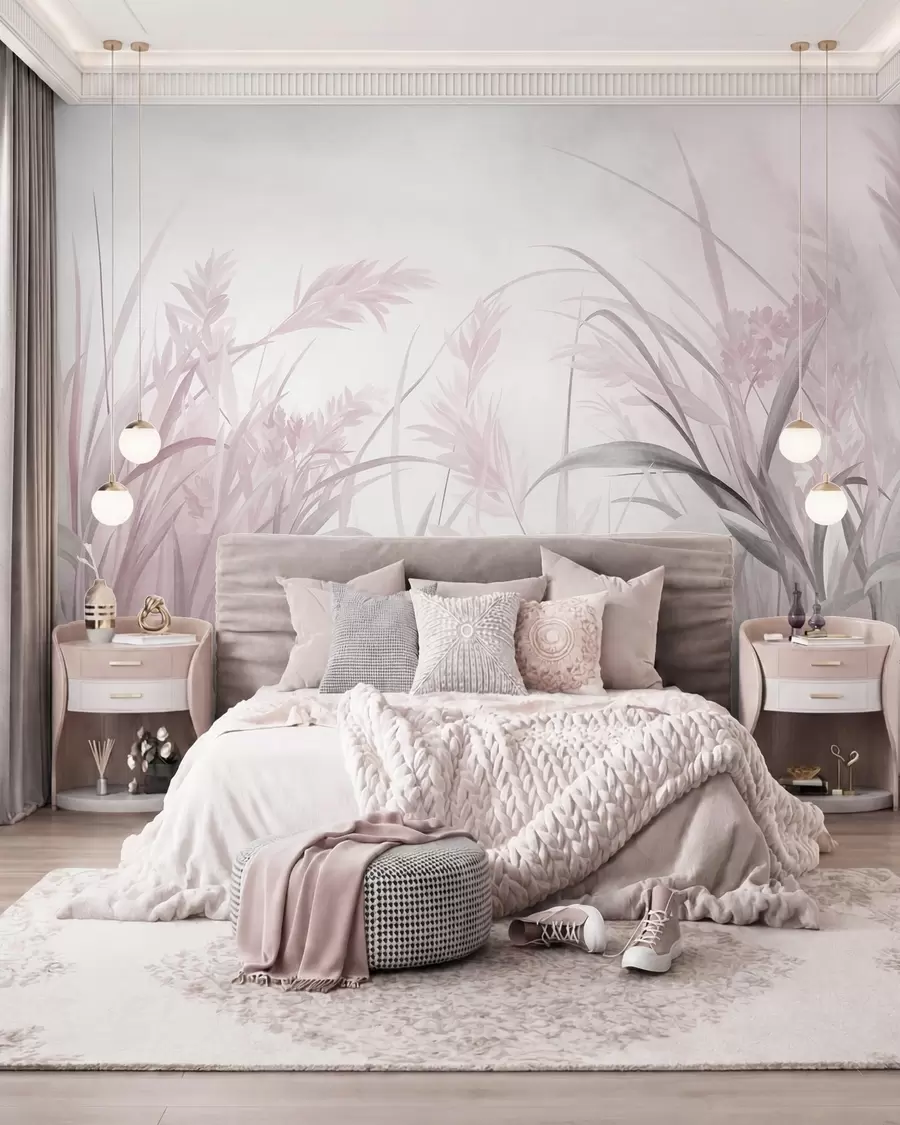 wall murals Висока, танка трава и трска у меким, пригушеним тоновима ружичасте и сиве, текстуриране w09981v1