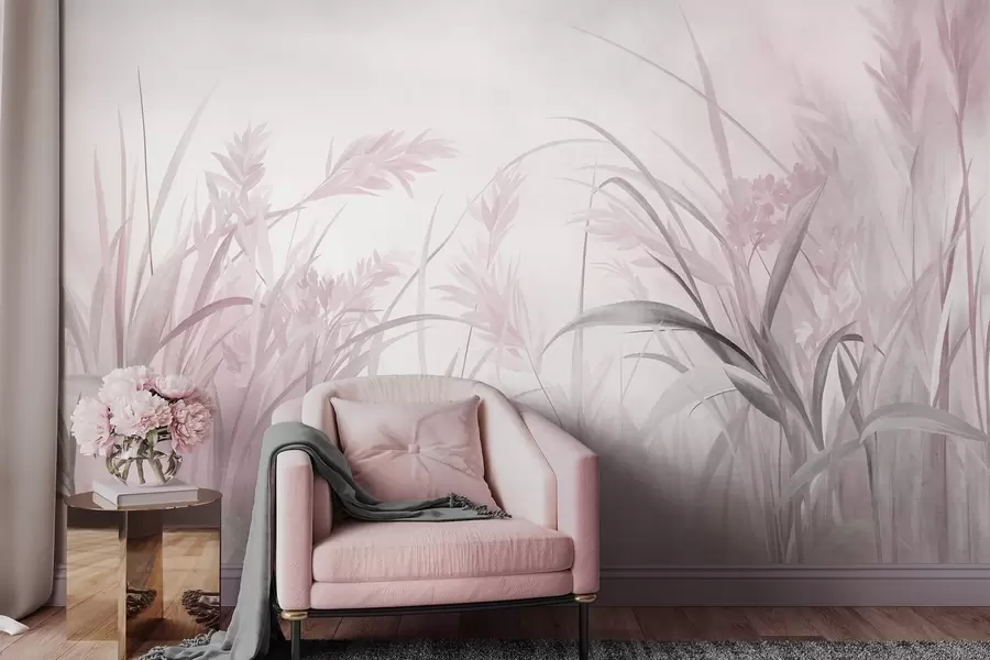 wall murals Висока, танка трава и трска у меким, пригушеним тоновима ружичасте и сиве, текстуриране w09981v1