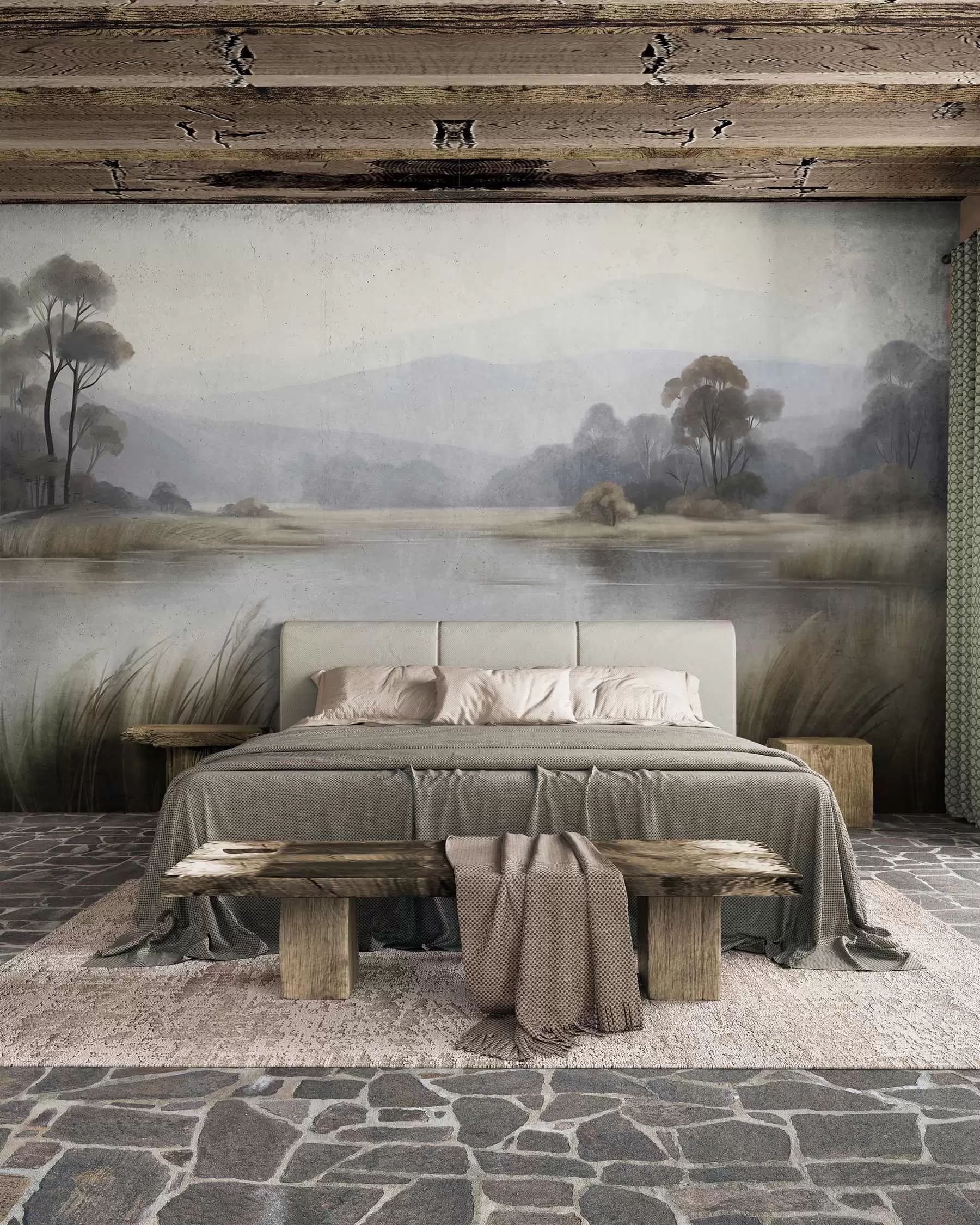 wall murals Текстурирани пејзаж са језером, високом травом, дрвећем и планинама у позадини w09983