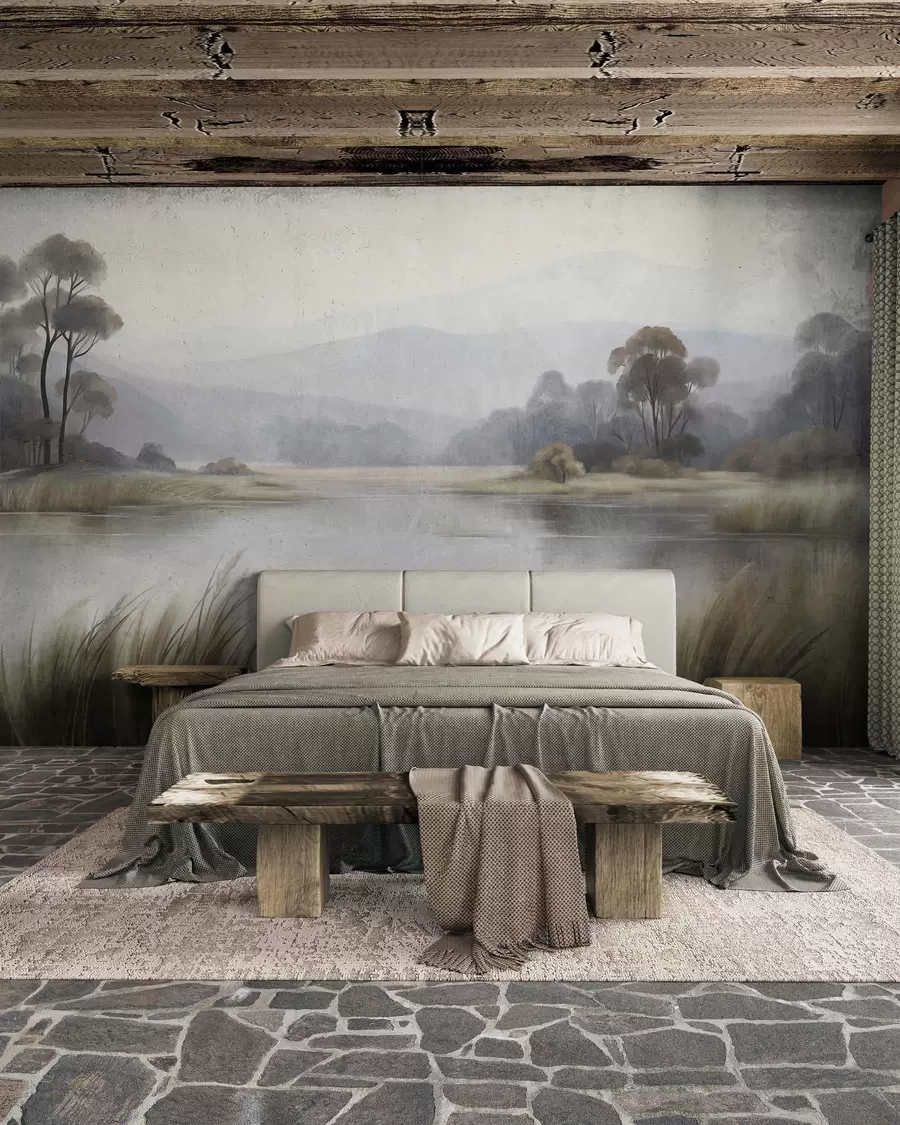 wall murals Текстурирани пејзаж са језером, високом травом, дрвећем и планинама у позадини w09983