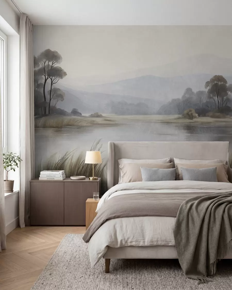 wall murals Текстурирани пејзаж са језером, високом травом, дрвећем и планинама у позадини w09983
