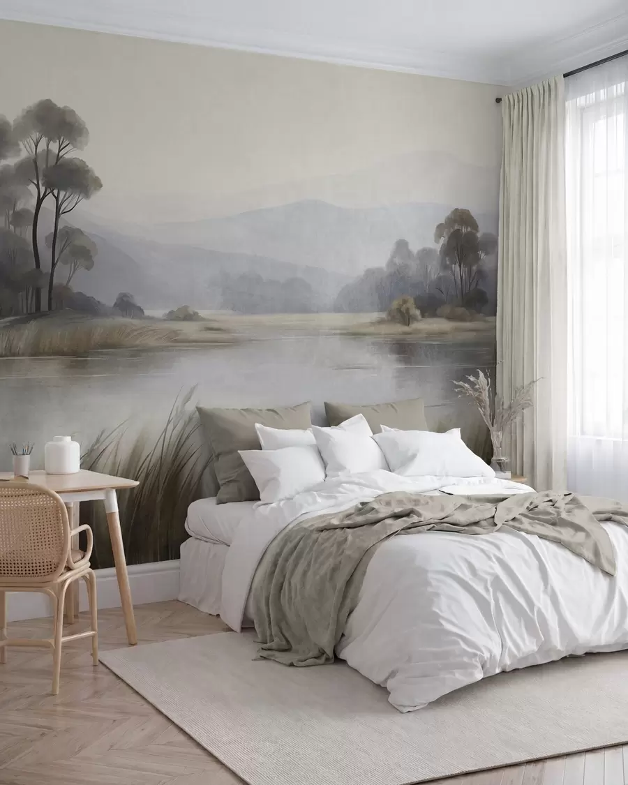 wall murals Текстурирани пејзаж са језером, високом травом, дрвећем и планинама у позадини w09983