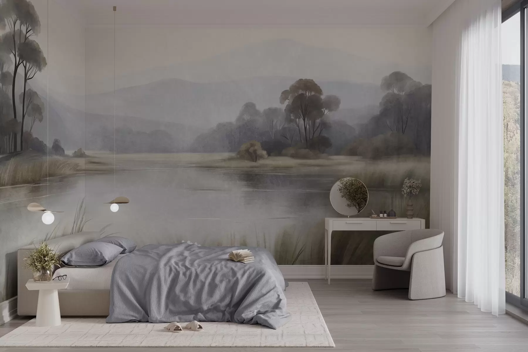 wall murals Текстурирани пејзаж са језером, високом травом, дрвећем и планинама у позадини w09983