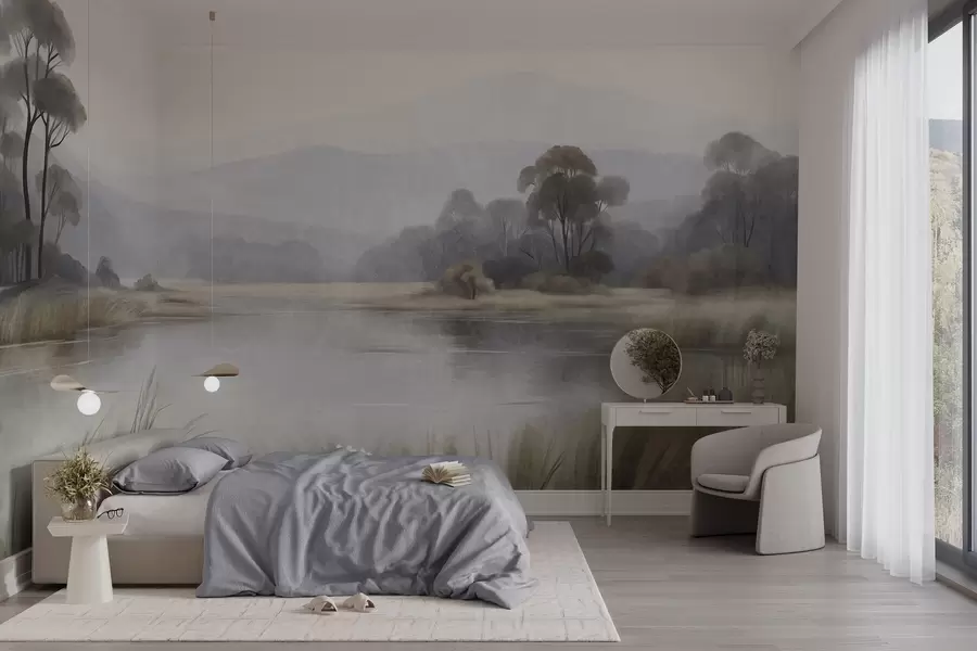 wall murals Текстурирани пејзаж са језером, високом травом, дрвећем и планинама у позадини w09983