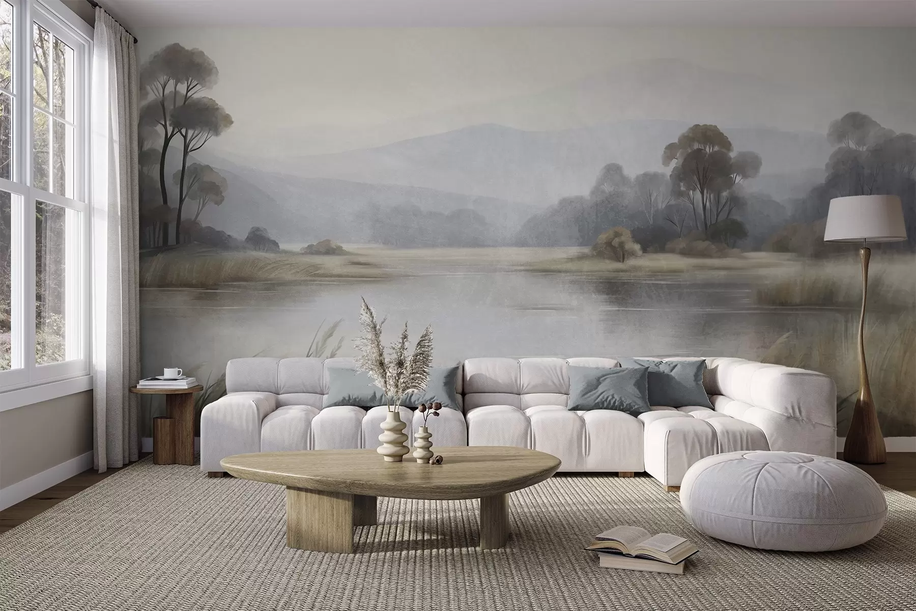 wall murals Текстурирани пејзаж са језером, високом травом, дрвећем и планинама у позадини w09983
