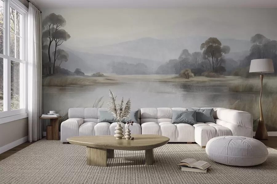 wall murals Текстурирани пејзаж са језером, високом травом, дрвећем и планинама у позадини w09983