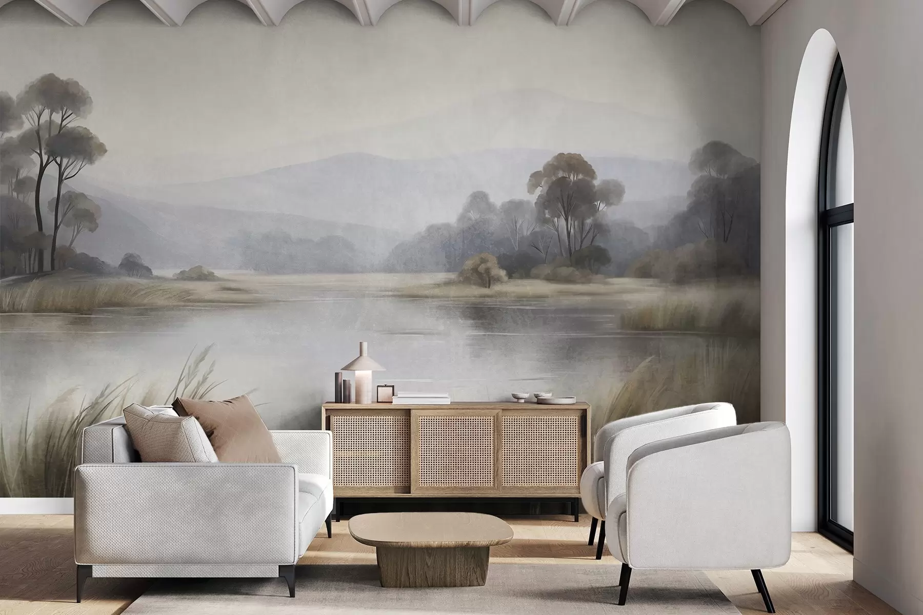 wall murals Текстурирани пејзаж са језером, високом травом, дрвећем и планинама у позадини w09983