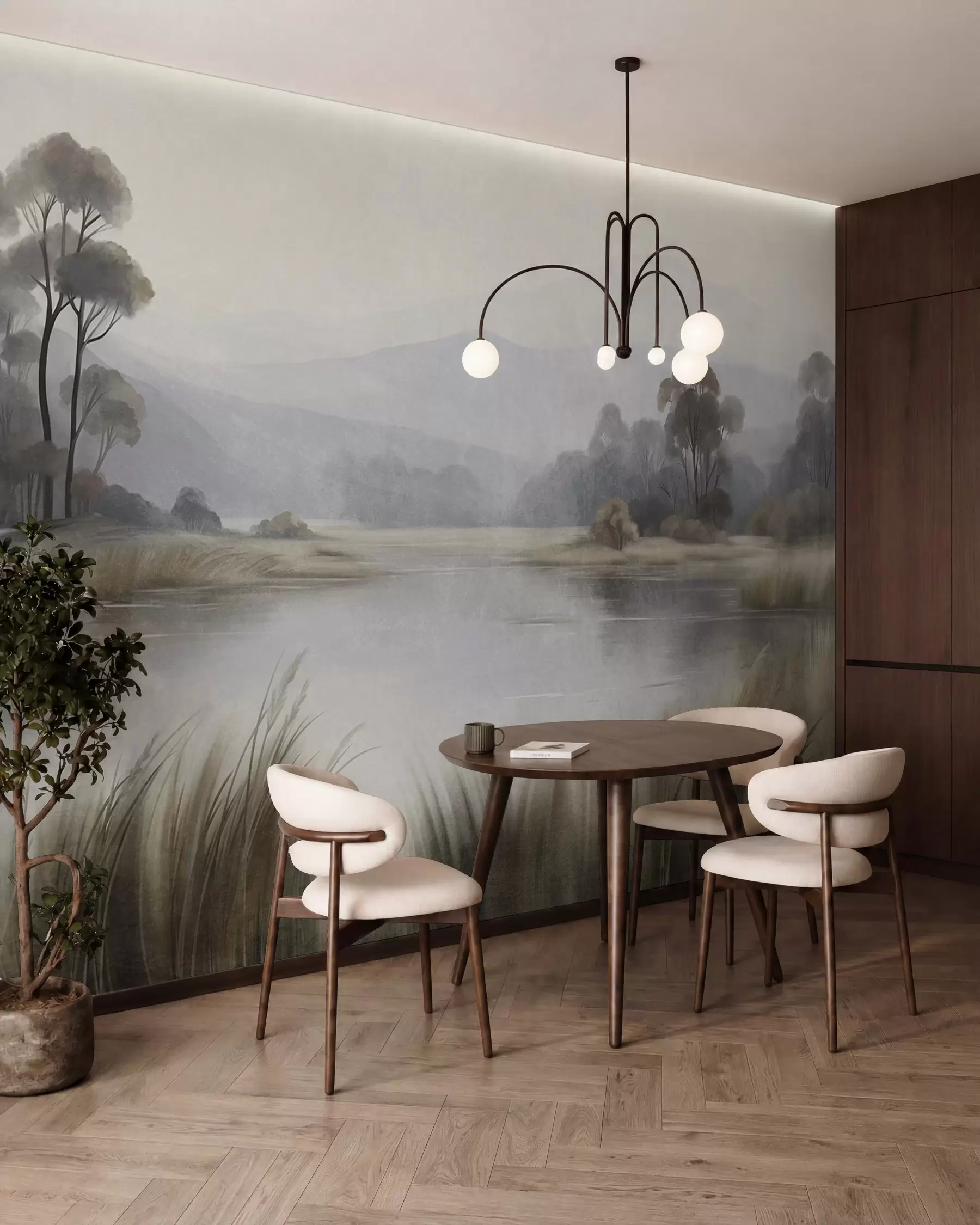 wall murals Текстурирани пејзаж са језером, високом травом, дрвећем и планинама у позадини w09983
